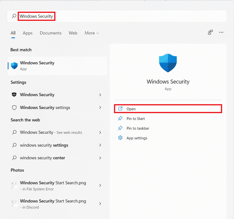 Risultati della ricerca del menu Start per la sicurezza di Windows.