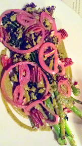 Ox Restaurant side dish of Roasted Broccolini, Charred Poblano Romesco, Toasted Pecan, Pickled Red Onion