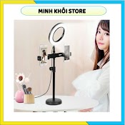 Đèn Livestream 3 In 1 Tích Hợp Giá Đỡ 2 Điện Thoại, Có 3 Chế Độ Sáng, Kẹp Điện Thoại Để Bàn Quay Video