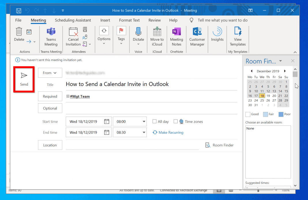 คลิกตัวเลือก SendÂ ที่ด้านซ้ายของหน้าจอ |  ส่งคำเชิญปฏิทินใน Outlook