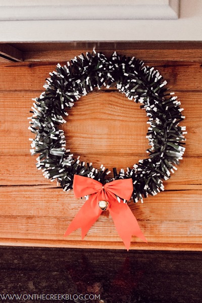 Christmas wreath on kitchen backsplash