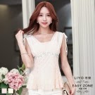 LIYO理優 韓系抽繩V領亮鑽雪紡上衣(杏,粉)