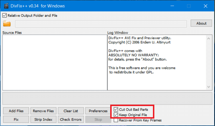 ทำเครื่องหมายสองช่อง "ตัดส่วนที่ไม่ดีออก" และ "เก็บไฟล์ต้นฉบับ"  ในแอป DivFix++