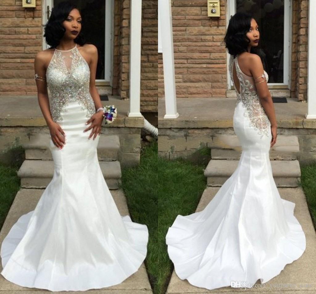 2017 Sexy White Mermaid Prom Dresses Halter Beaded Bodice Taffeta Open Back  Bl - White Sparkly Mermaid Prom Dress