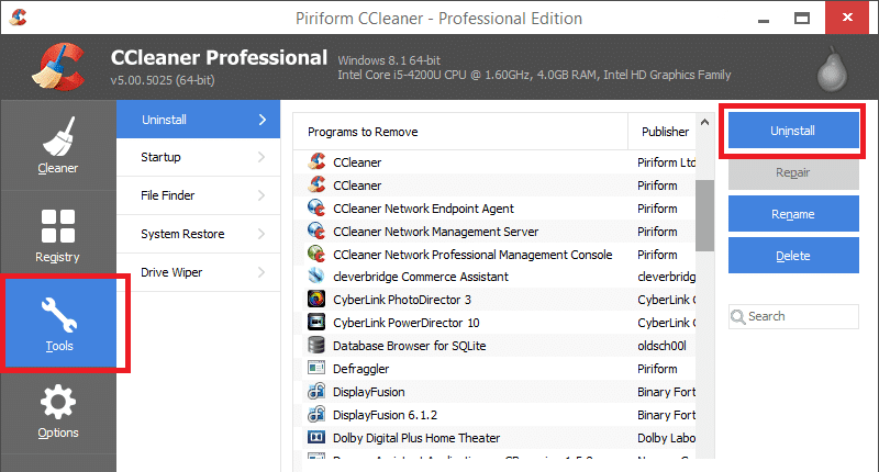 Per scaricare e installare questa applicazione, Strumenti dal riquadro di sinistra e nel riquadro di destra di CCleaner