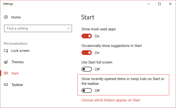 Zorg ervoor dat u de schakelaar voor Toon recent geopende items in Jump Lists op Start of de taakbalk uitschakelt