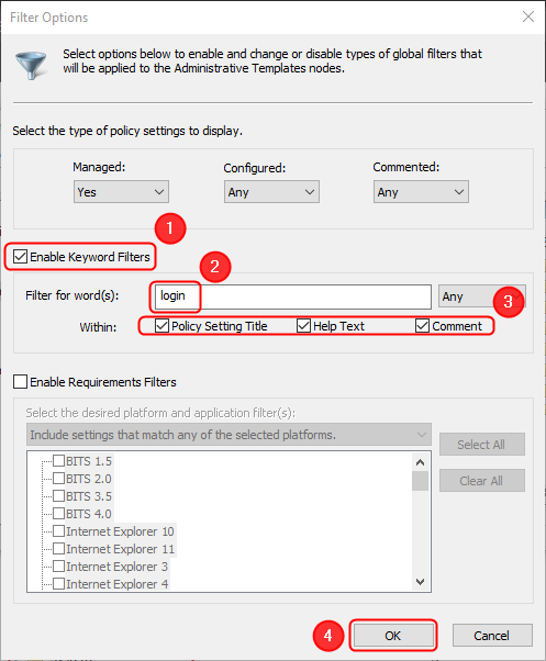 キーワードを使用した設定リストのフィルタリング