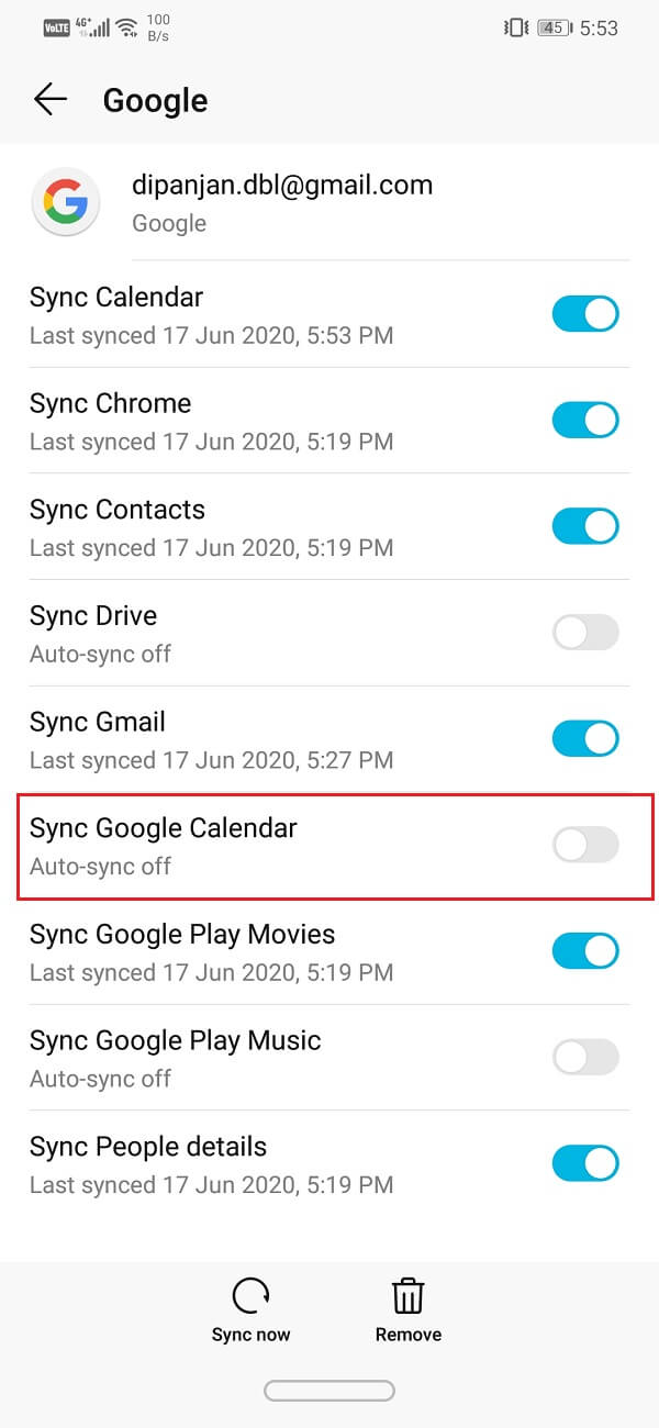 Ahora, apague el interruptor junto a Sync Google Calendar