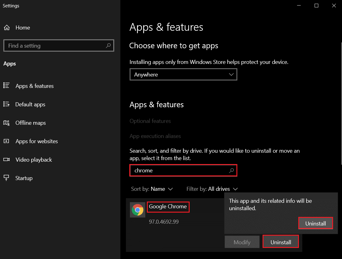 désinstaller Google Chrome des applications et des fonctionnalités