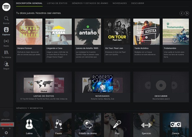 Página principal de Spotify web