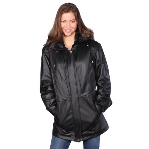 Wilda Ladies' 3/4 Leather Parka w/ Removeable Hood-L-Black