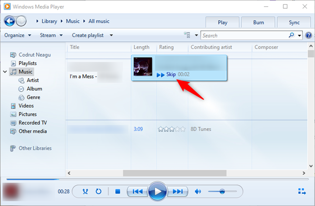 Overslaan tijdens het beluisteren van een nummer in Windows Media Player