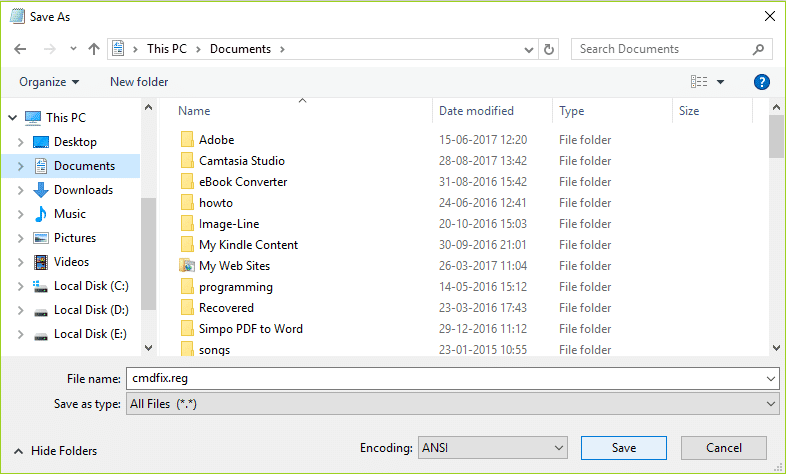[ファイルの種類]ドロップダウンから[すべてのファイル]を選択し、ファイルの名前をcmdfix.regと入力します。