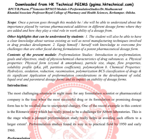 BP 502T (Industrial Pharmacy-I) UNIT-I Performulation Studies 5th Semester B.Pharmacy ,BP502T Formulative (Industrial) Pharmacy,BPharmacy,Handwritten Notes,BPharm 5th Semester,Important Exam Notes,