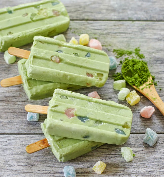 overhead photo of stacks of Matcha Mochi Popsicles