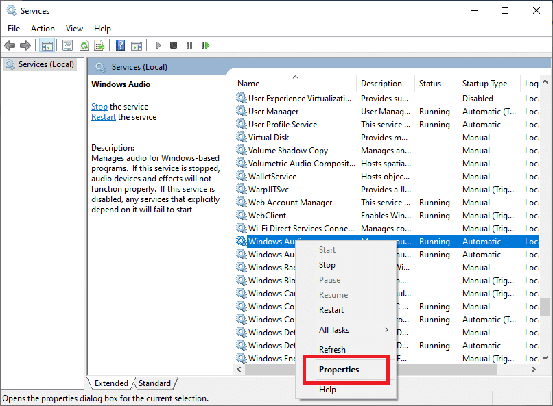 Ouvrez les propriétés du service Windows Audio en double-cliquant sur son icône