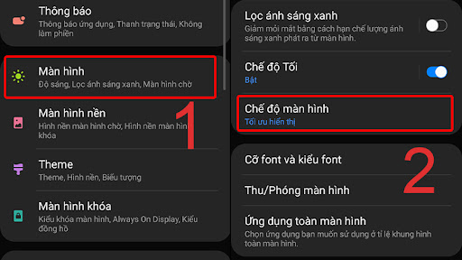 Vào cài đặt, chọn màn hình và chỉnh chế độ màn hình