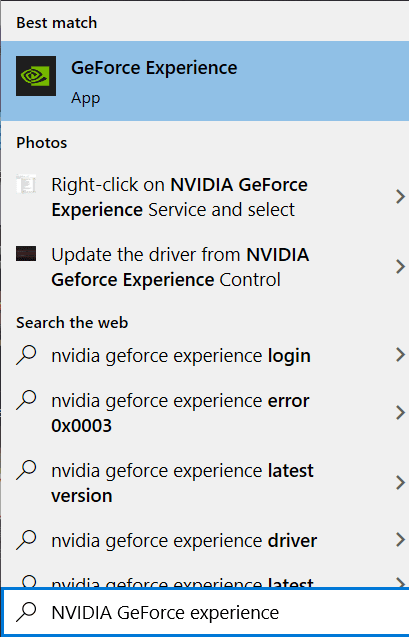 Vyhledejte NVIDIA GeForce experience v poli Windows Search