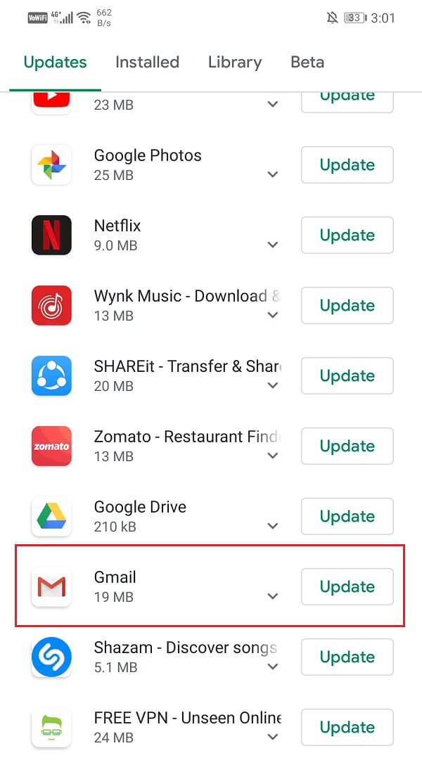 Gmail 앱을 검색하고 보류 중인 업데이트가 있는지 확인합니다.  |  Android에서 Gmail이 이메일을 수신하지 않는 문제 수정