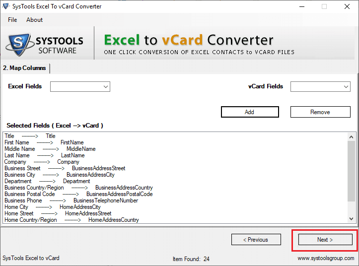 이제 vCard 필드를 모든 Excel 필드와 매핑해야 합니다.