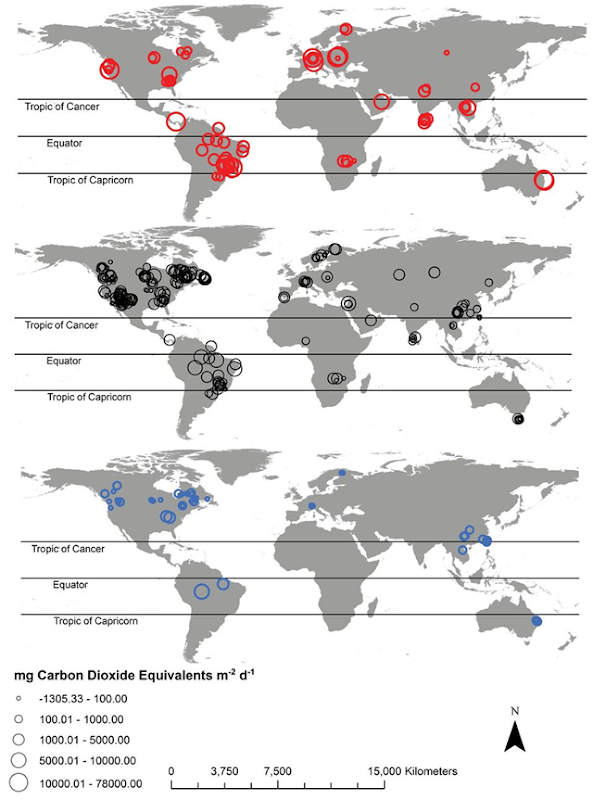 Diffusive + ebullitive methane (top), carbon dioxide (middle), and nitrous oxide (bottom) emissions from reservoirs on a CO2-equivalent basis (100-year horizon). Few reservoirs had measurements for all three gases. Graphic: Deemer, et al., 2016 / BioScience