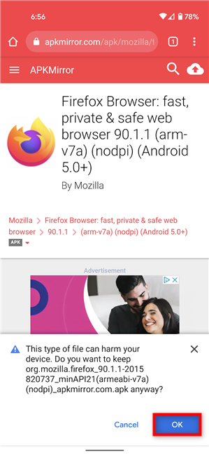 Nhấn OK để tải xuống tệp APK