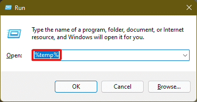 Druk op de toetscombinatie Windows + R om het dialoogvenster Uitvoeren te openen, typ %temp% en druk op Enter