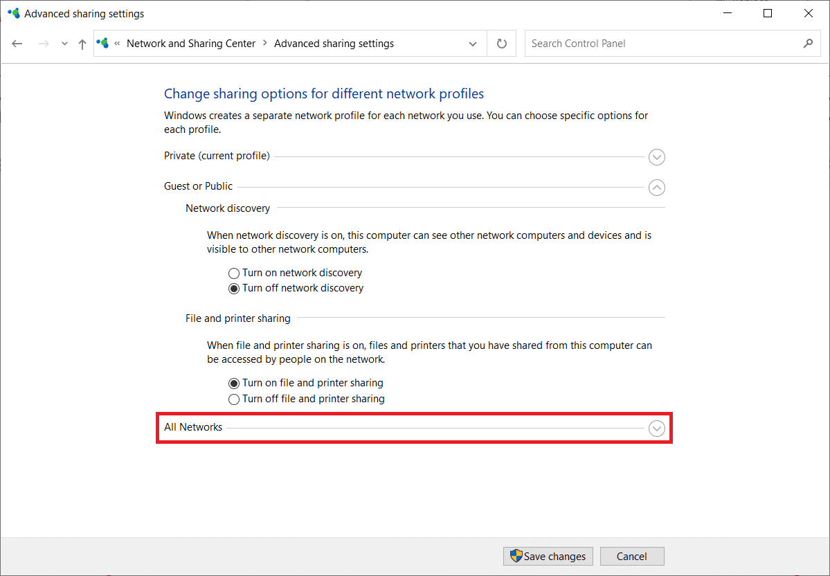 En la ventana Configuración de uso compartido avanzado, expanda Todas las redes.  Reparar los servicios de dominio de Active Directory no están disponibles actualmente en Windows 10