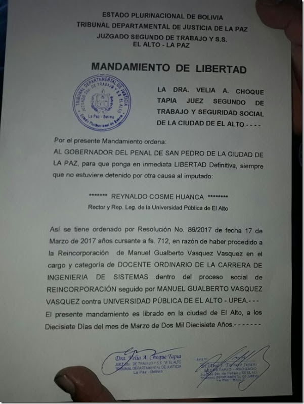 Rector de la UPEA ya fue liberado, luego de reincorporar a Manuel G. Vásquez como docente de la Universidad