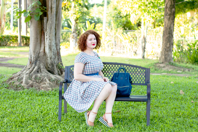 Wearing a mini Navy Anello backpack and Miss L Fire wedges | Lavender & Twill