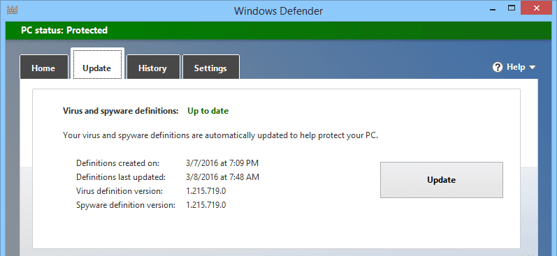 单击更新并等待 Windows Defender 下载并安装更新