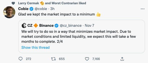 Screenshot of tweet by CZ of Binance.