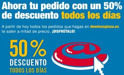 Descuento del 50% en Domino´s Pizza al hacer tu pedido Online. En todas las pizzas todos los días de la semana. Dominospizza