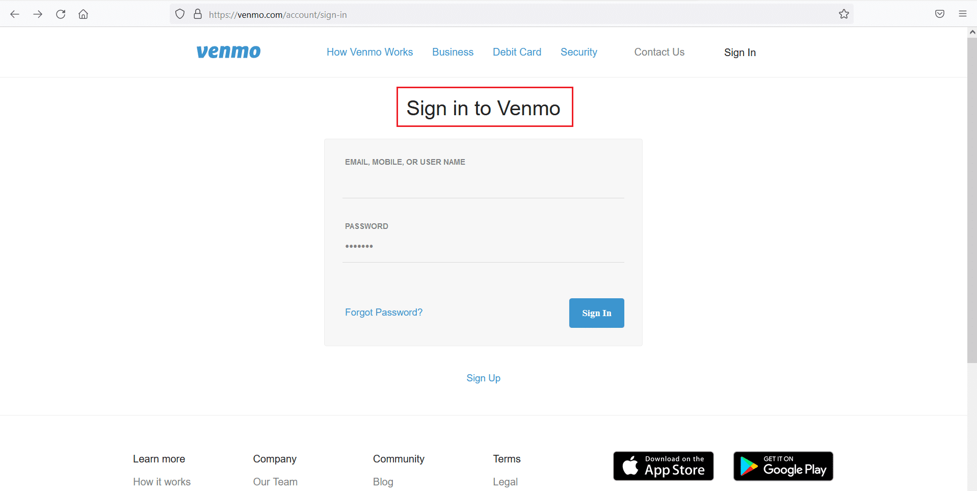 Pagina di accesso a Venmo.  account venmo disattivato in modo permanente