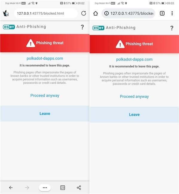 ESET Mobile Security блокирует фишинговый веб-сайт