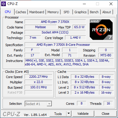 AMD Ryzen 7 3700X에 대한 CPU-Z 세부 정보