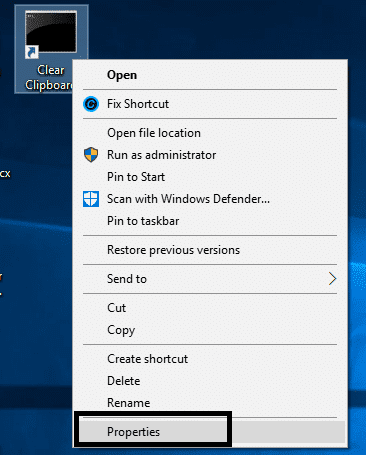 Щелкните правой кнопкой мыши ярлык очистки буфера обмена и выберите параметр «Свойства».