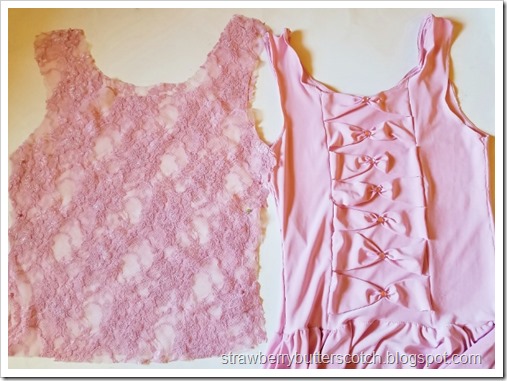 Using the dress, cut a 2 tank top shaped pieces from the lace to make a bodice.