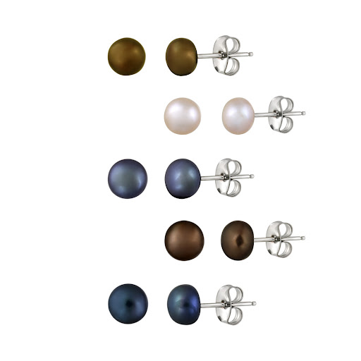 Stainless Steel 5 6mm Freshwater Multi Color Pearl Stud Earrings, Set 