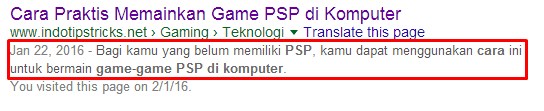 Contoh pemanfaatan deskripsi meta di mesin pencari Google