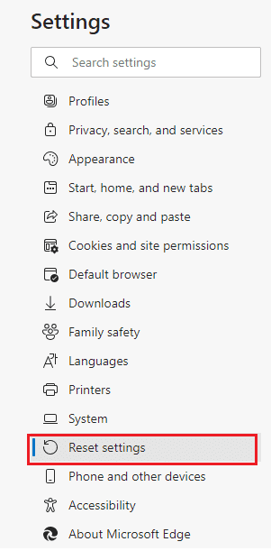 Ahora, en el panel izquierdo, haga clic en Restablecer configuración