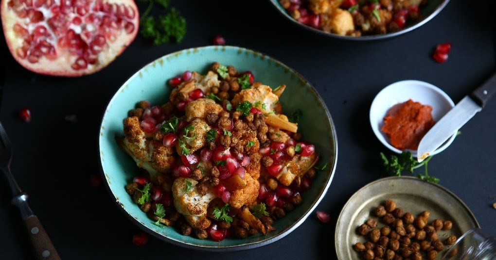 Thai Curry Roasted Cauliflower Salad with Chickpea and Pomegranate