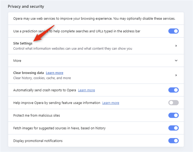 Site-instellingen van Opera
