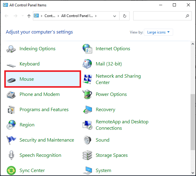 abra la configuración del mouse en el panel de control