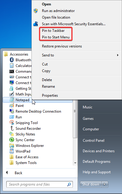 ปักหมุดที่ทาสก์บาร์และปักหมุดที่เมนูเริ่มสำหรับ Notepad ใน Windows 7