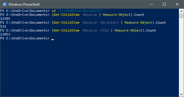 Uso de PowerShell para contar todos los archivos y carpetas en una carpeta, recursivamente