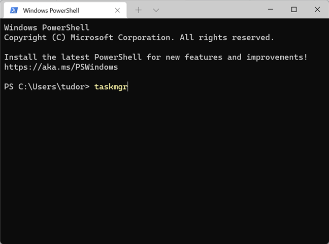 Запуск команды taskmgr в терминале Windows