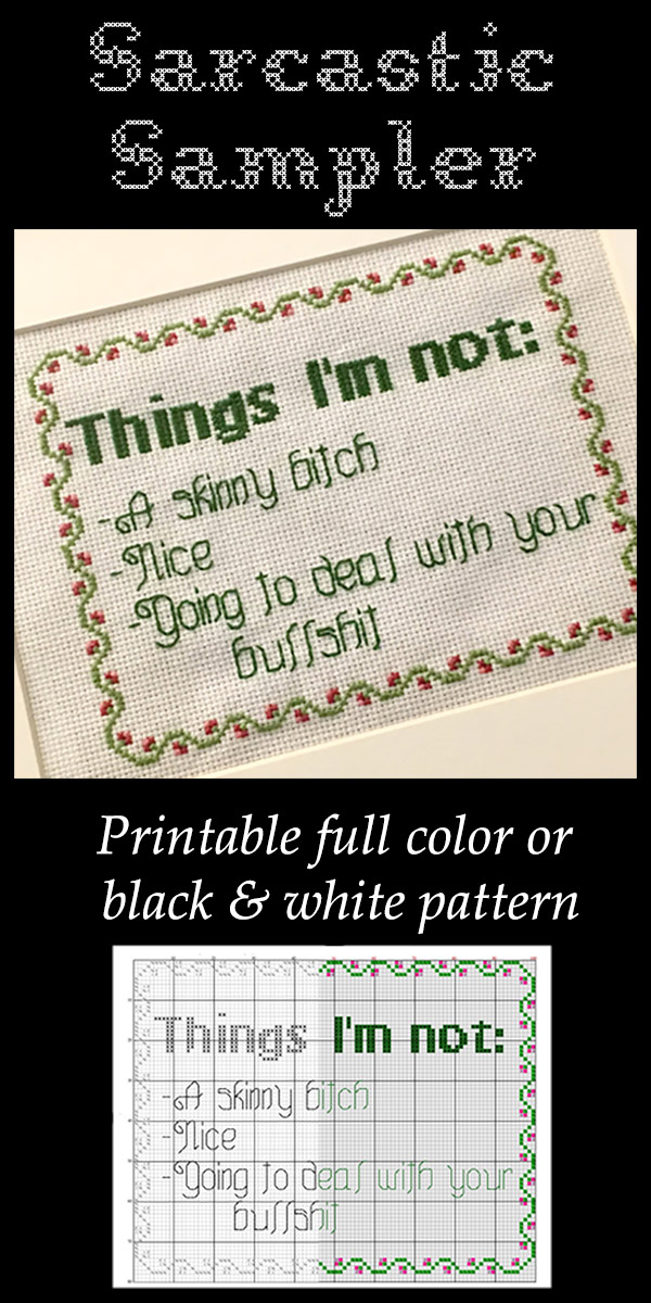 A Sarcastic Cross Stitch Sampler: Things I'm not:  -Skinny -Nice -Going to deal with your BS  OMG! So funny.. I need to stitch this! 