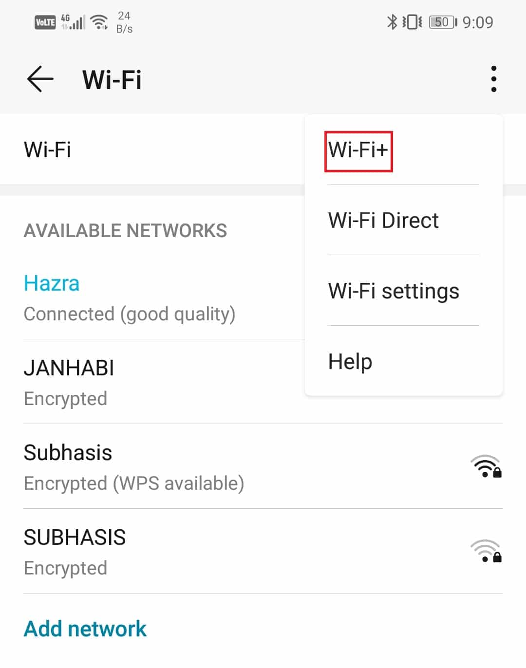 tik op het menu met drie stippen in de rechterbovenhoek en selecteer de optie Wi-Fi+.