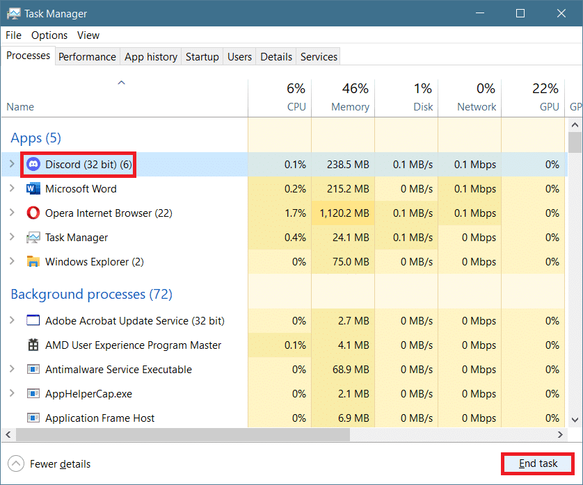 busque y seleccione tareas de Discord Cómo reparar el error de JavaScript de Discord al iniciar en Windows 10